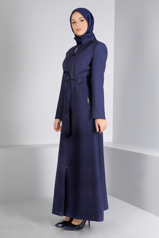 Vêtements hijab BLEU MARINE PARDESSUS ZIPPÉ IMPRIMÉ 10653 - ALVİNA