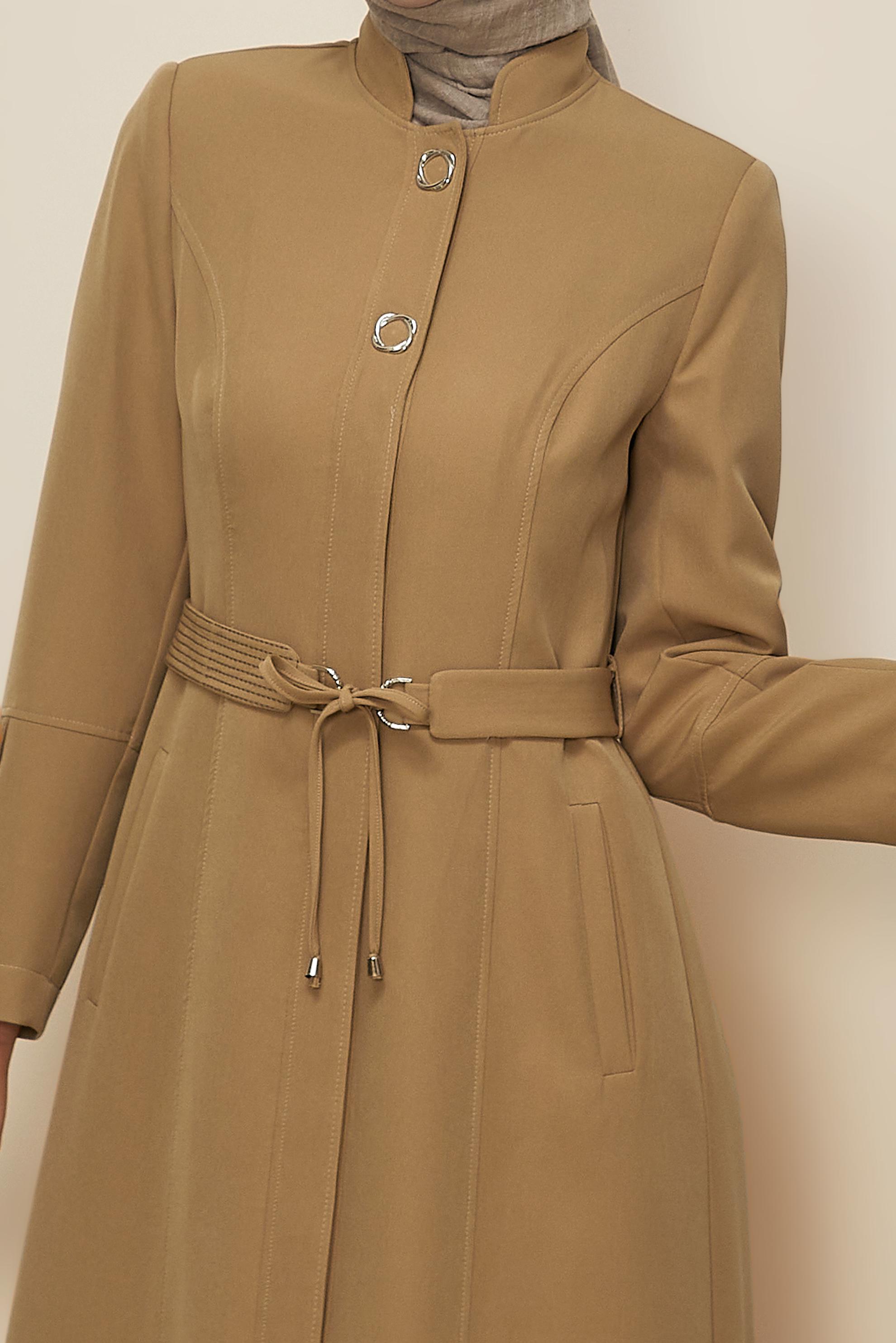 Tesettür giyim KAHVE HAKİM YAKA KUŞAKLI PARDESÜ 10654 