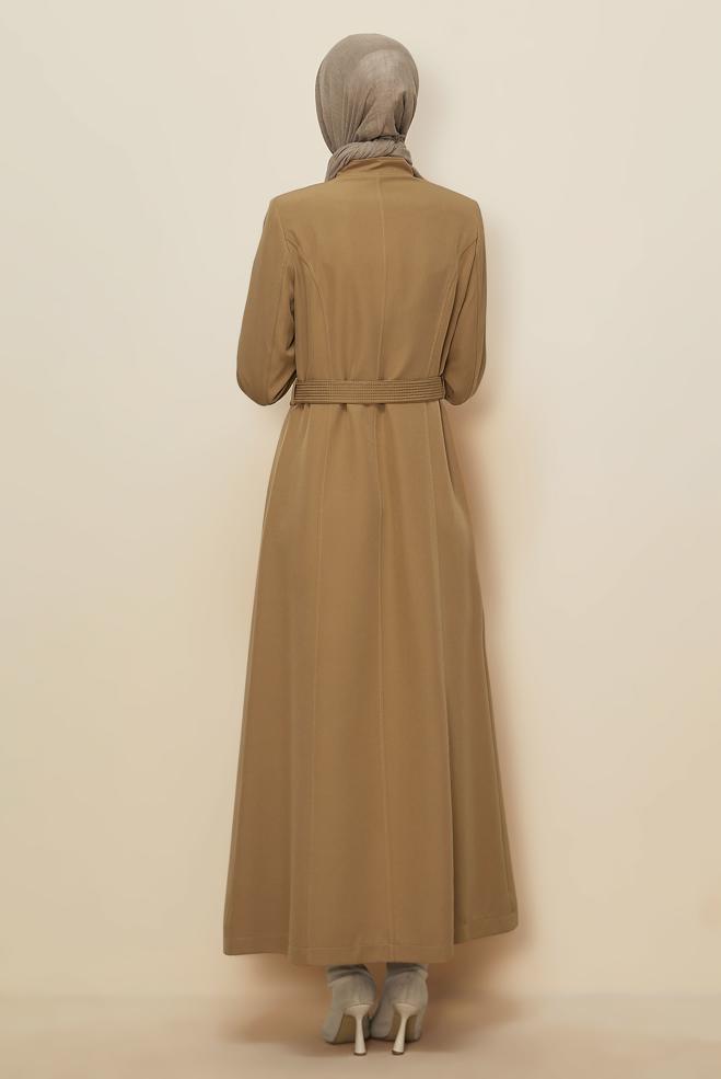 Tesettür giyim KAHVE HAKİM YAKA KUŞAKLI PARDESÜ 10654  - ALVİNA