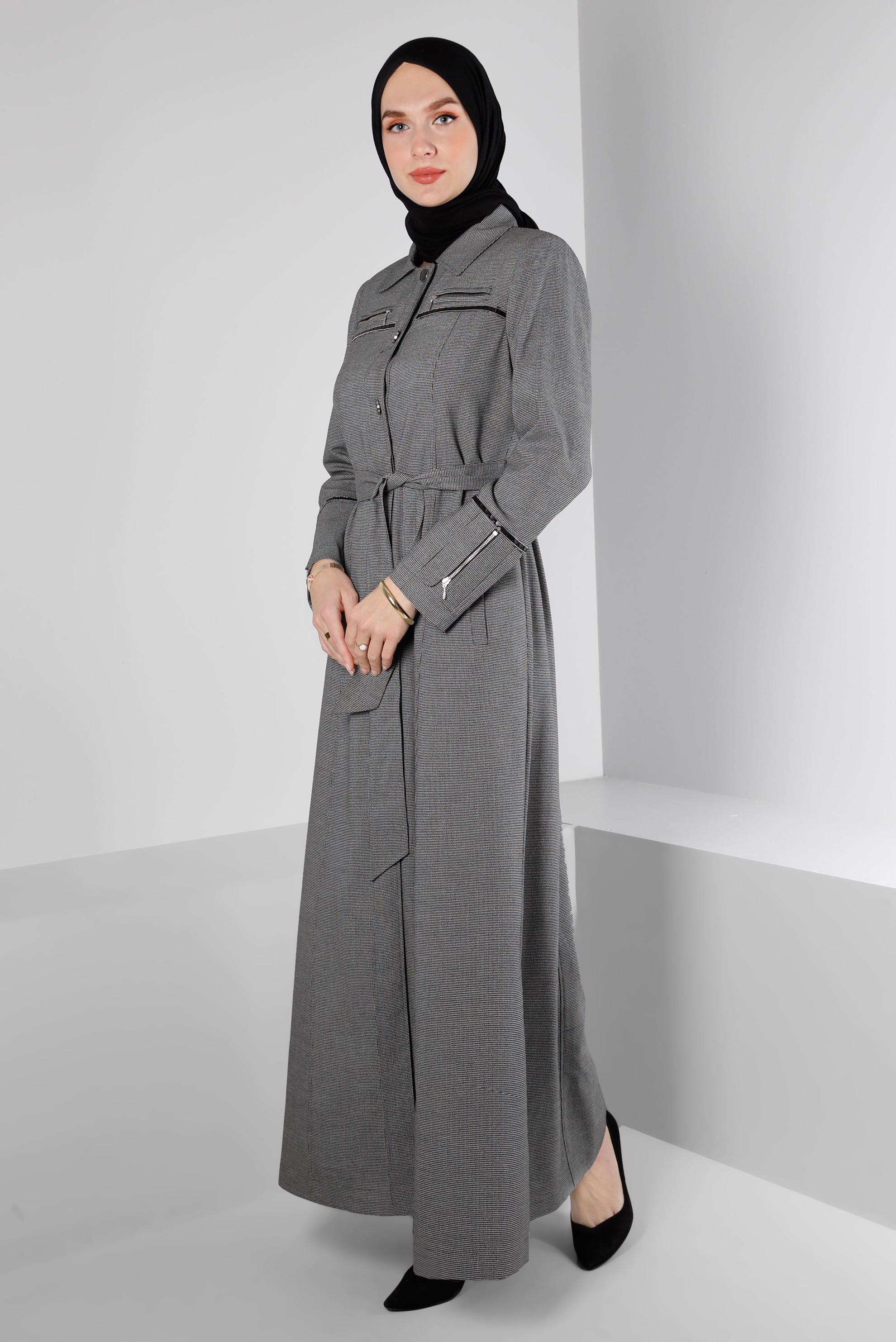 Tesettür giyim SİYAH KUŞAKLI FERMUARLI PARDESÜ 10655 