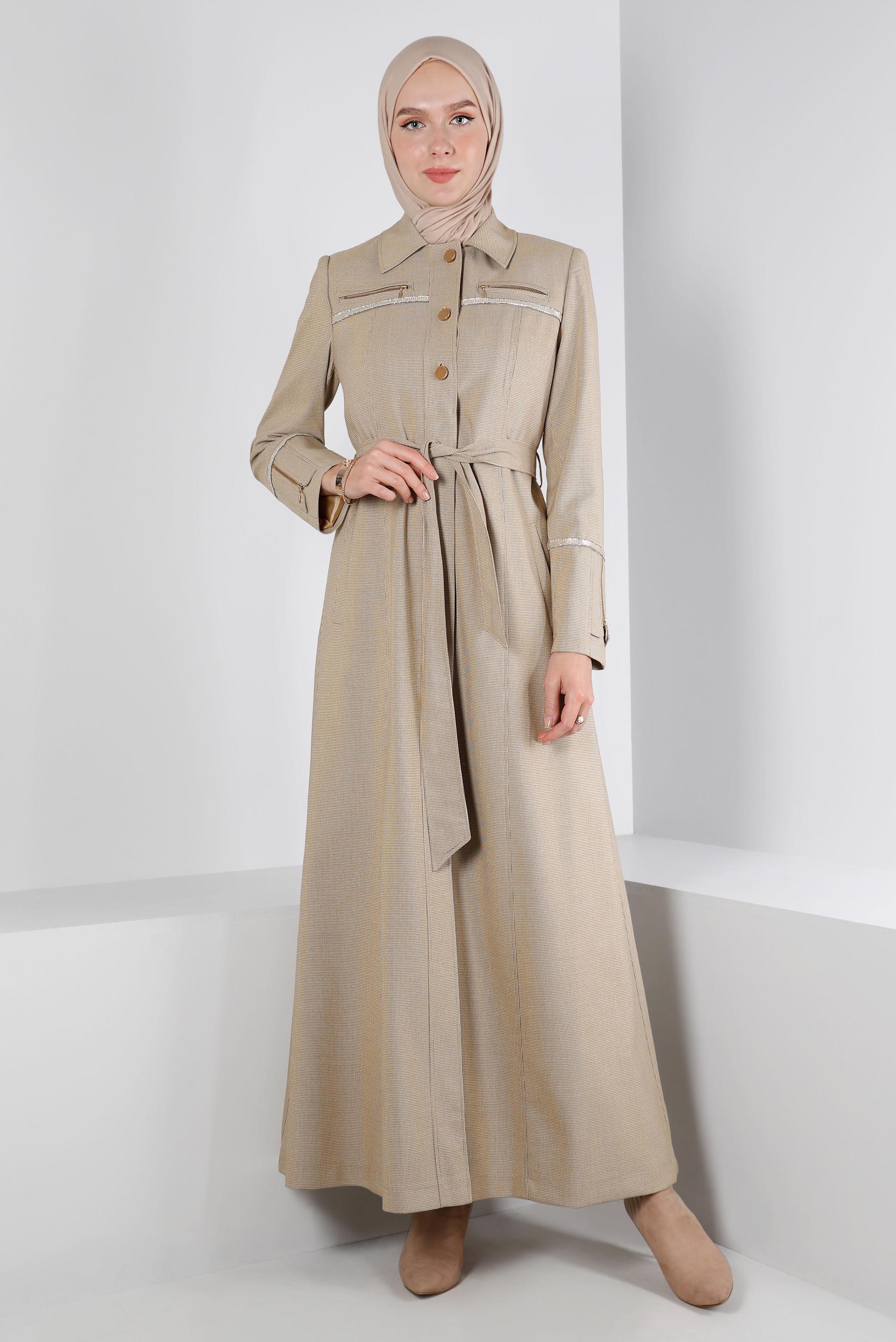 Tesettür giyim KAHVE KUŞAKLI FERMUARLI PARDESÜ 10655 