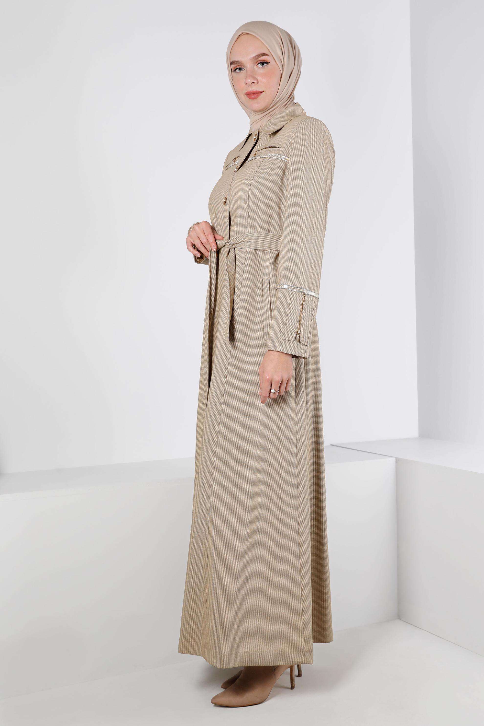 Tesettür giyim KAHVE KUŞAKLI FERMUARLI PARDESÜ 10655 