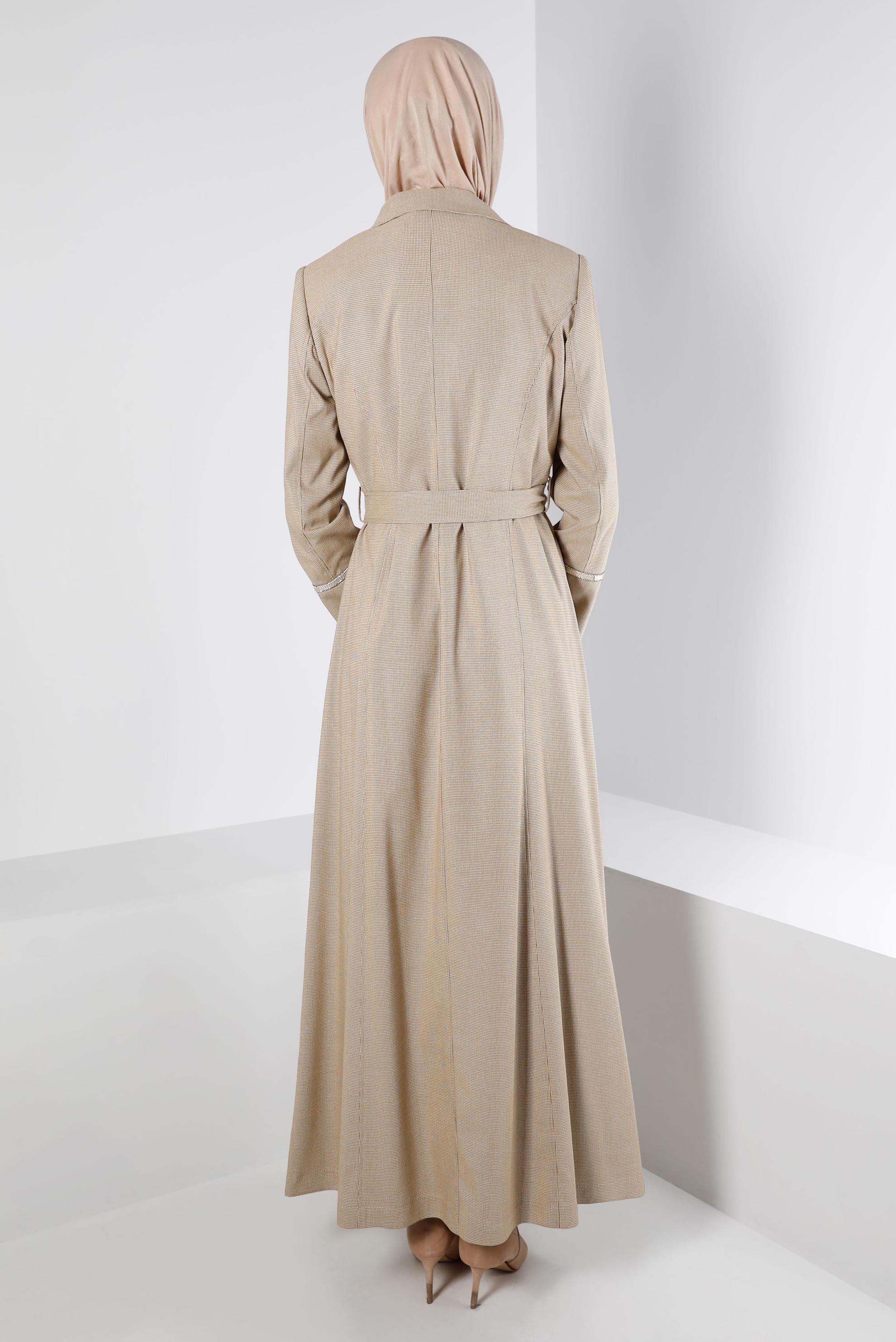 Tesettür giyim KAHVE KUŞAKLI FERMUARLI PARDESÜ 10655 