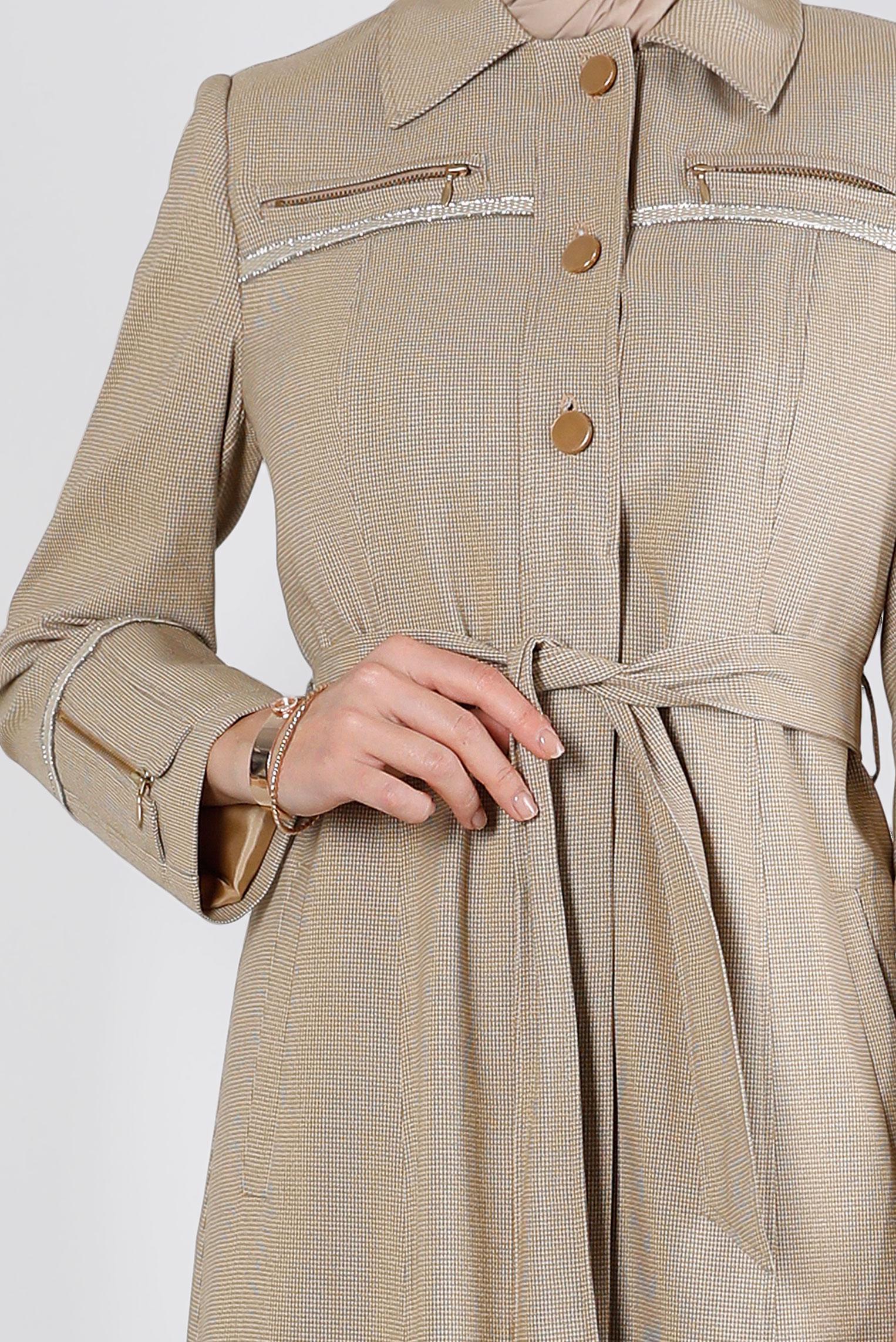 Tesettür giyim KAHVE KUŞAKLI FERMUARLI PARDESÜ 10655 