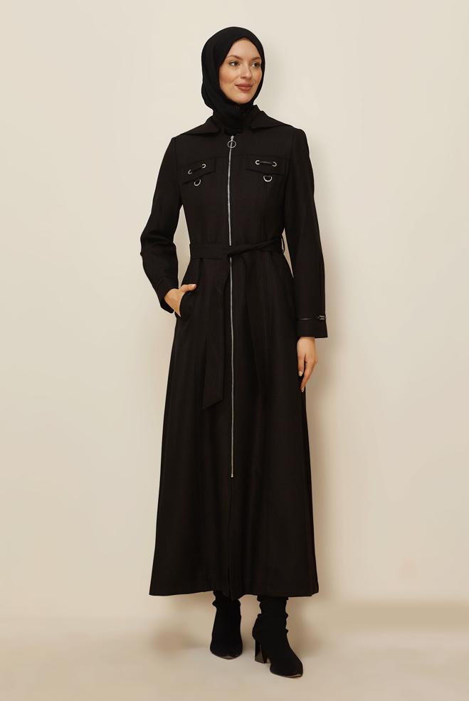 Vêtements hijab NOIR PARDESSUS ZIPPÉ AVEC CEINTURE 10658  - ALVİNA