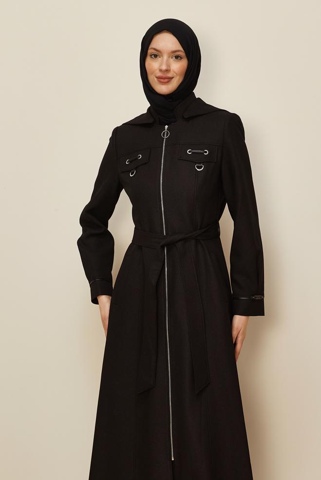 Vêtements hijab NOIR PARDESSUS ZIPPÉ AVEC CEINTURE 10658  - ALVİNA