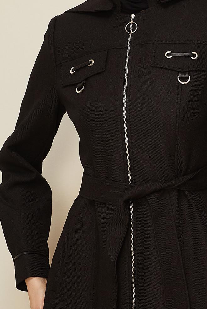 Vêtements hijab NOIR PARDESSUS ZIPPÉ AVEC CEINTURE 10658  - ALVİNA