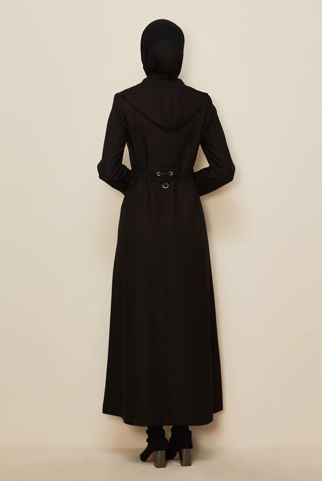 Vêtements hijab NOIR PARDESSUS ZIPPÉ AVEC CEINTURE 10658  - ALVİNA