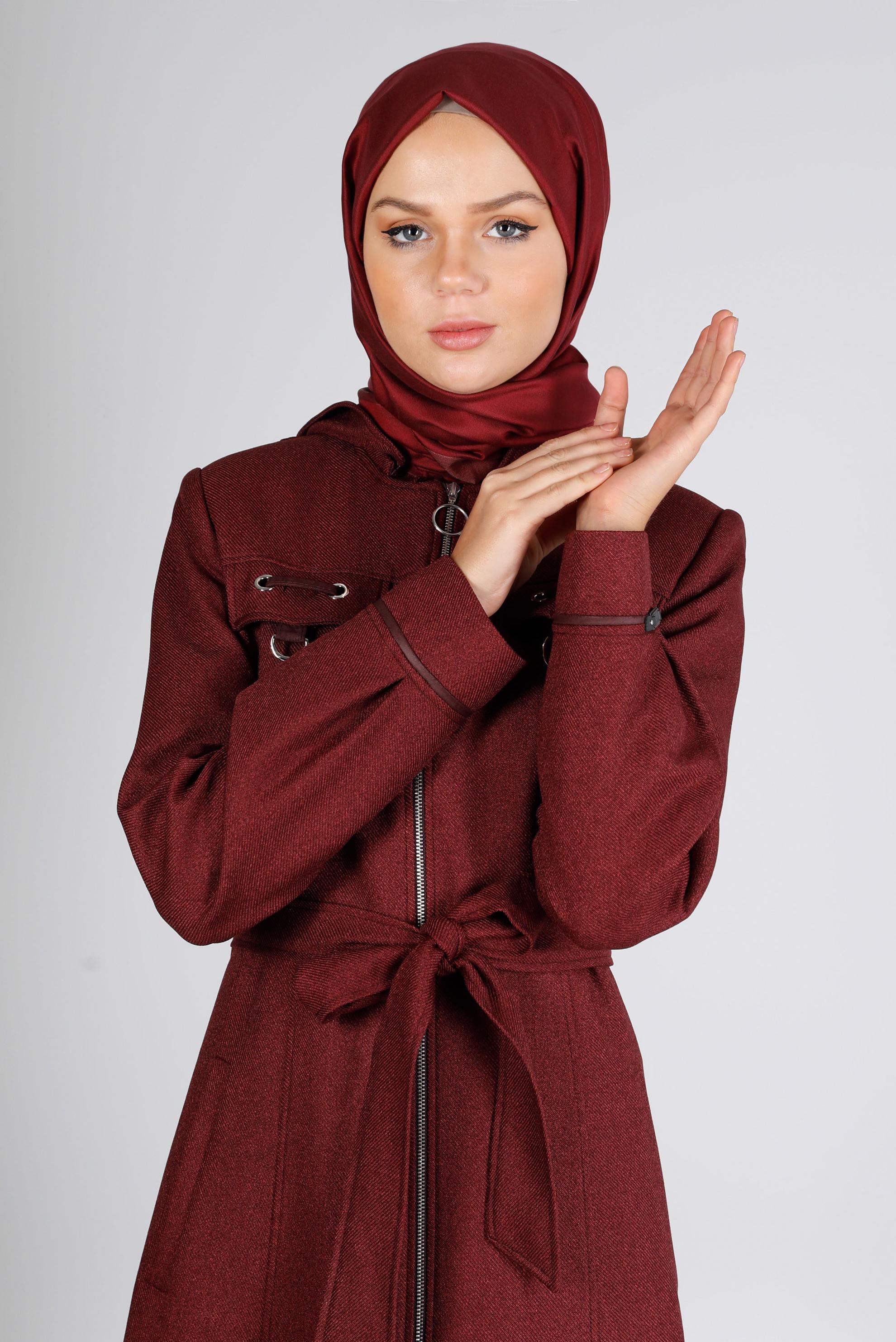 Tesettür giyim MÜRDÜM KUŞAKLI FERMUARLI PARDESÜ 10658