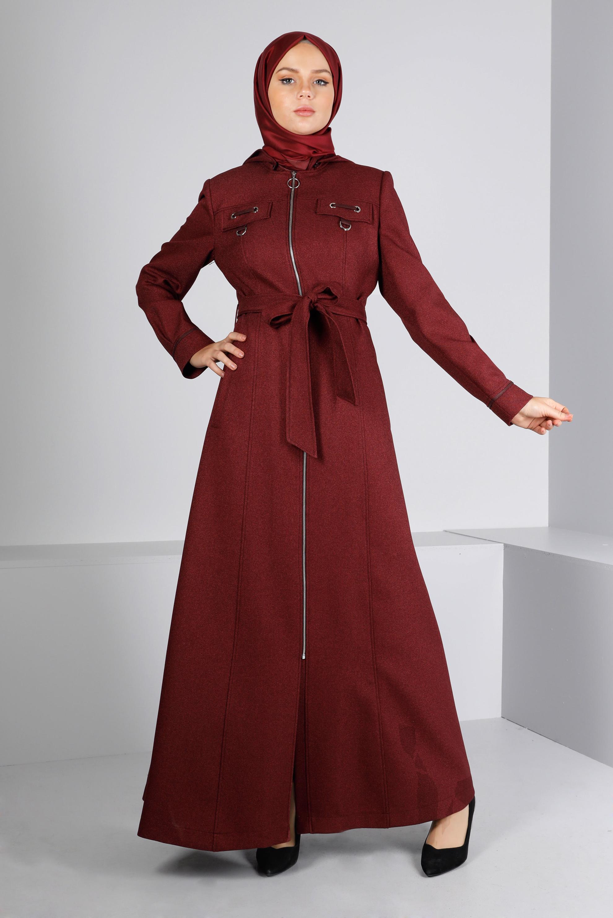 Tesettür giyim MÜRDÜM KUŞAKLI FERMUARLI PARDESÜ 10658