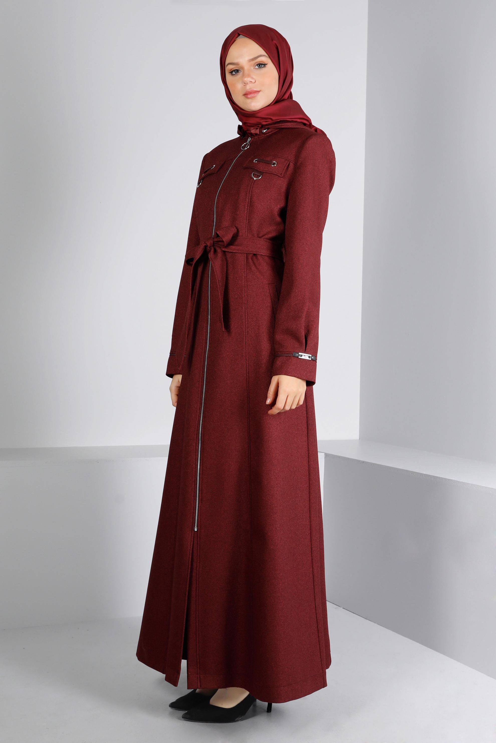 Tesettür giyim MÜRDÜM KUŞAKLI FERMUARLI PARDESÜ 10658