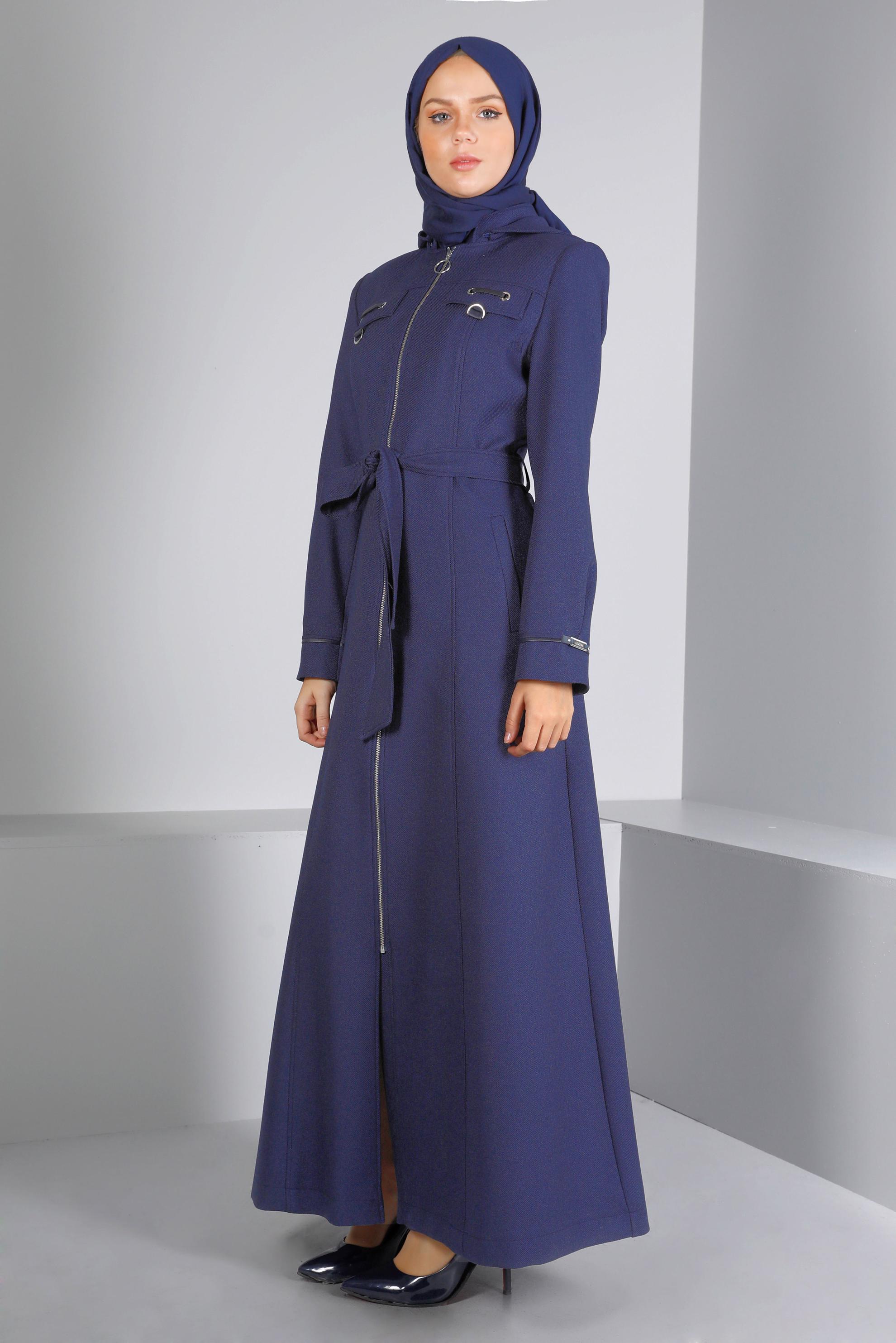 Tesettür giyim LACİVERT KUŞAKLI FERMUARLI PARDESÜ 10658