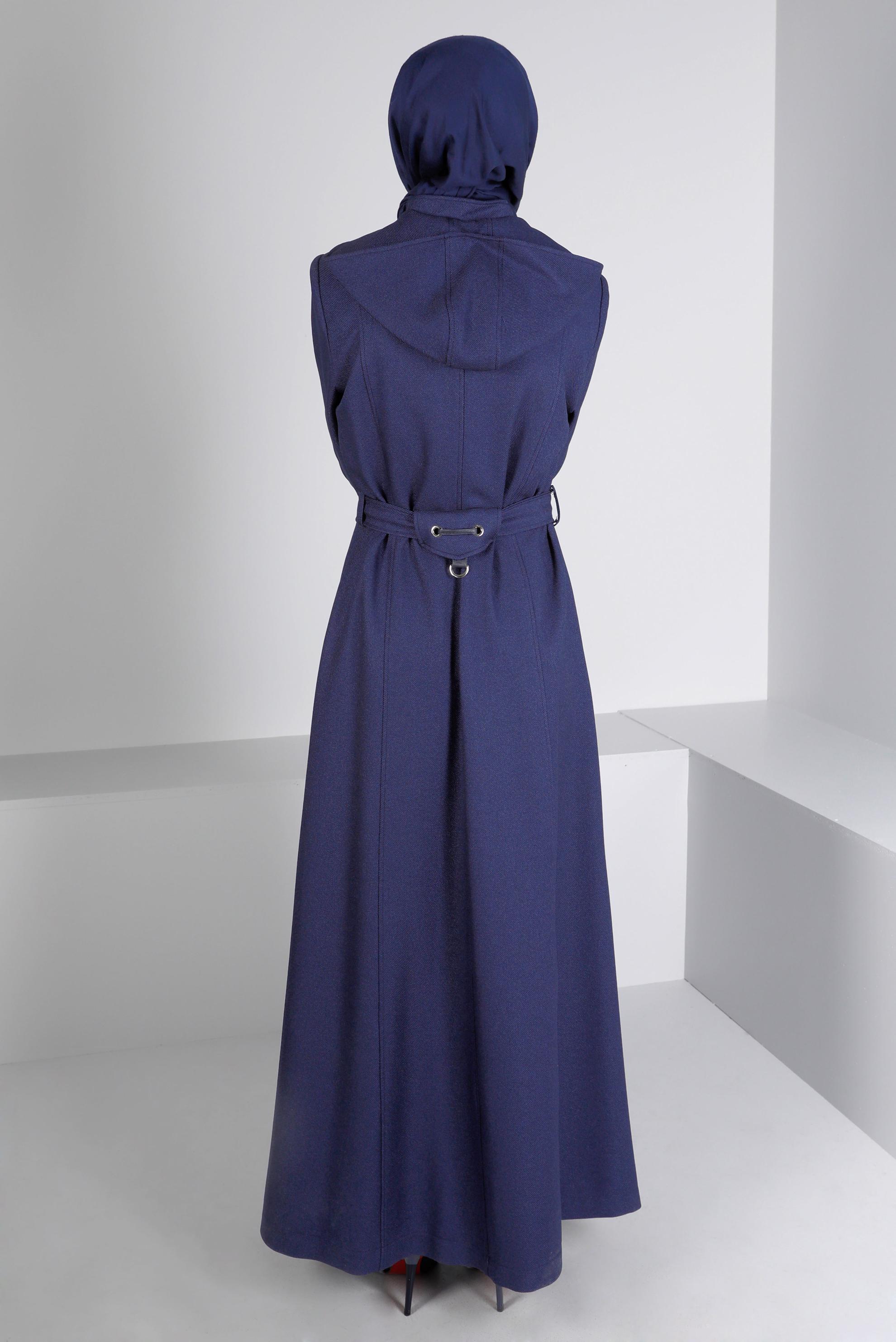 Tesettür giyim LACİVERT KUŞAKLI FERMUARLI PARDESÜ 10658