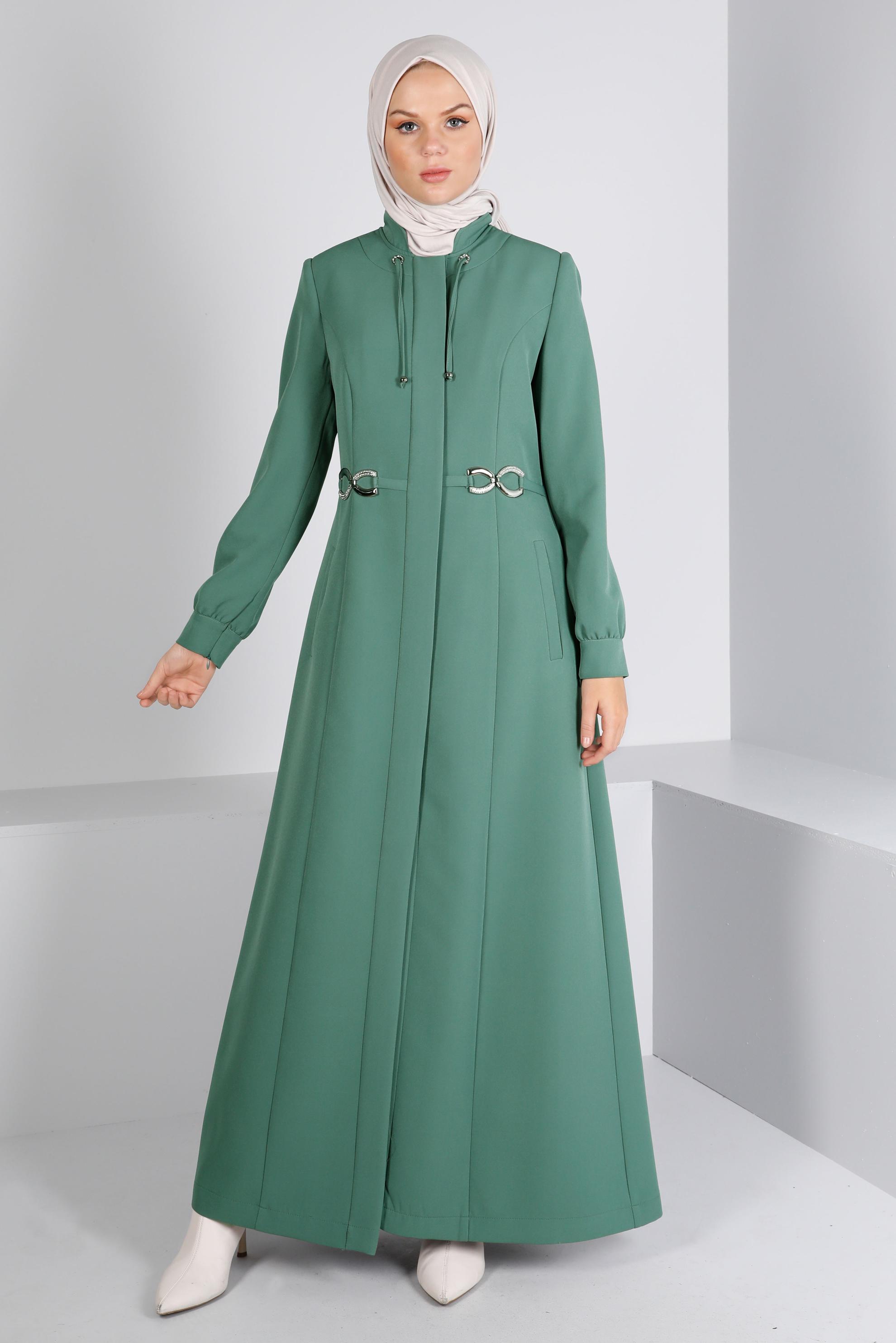 Tesettür giyim YEŞİL GİZLİ DÜĞMELİ PARDESÜ 10661 