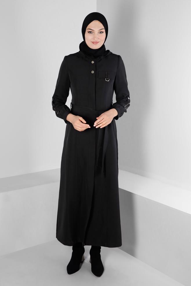 Vêtements hijab NOIR PARDESSUS BOUTONNÉ AVEC CEINTURE À CAPUCHE 10664 - ALVİNA