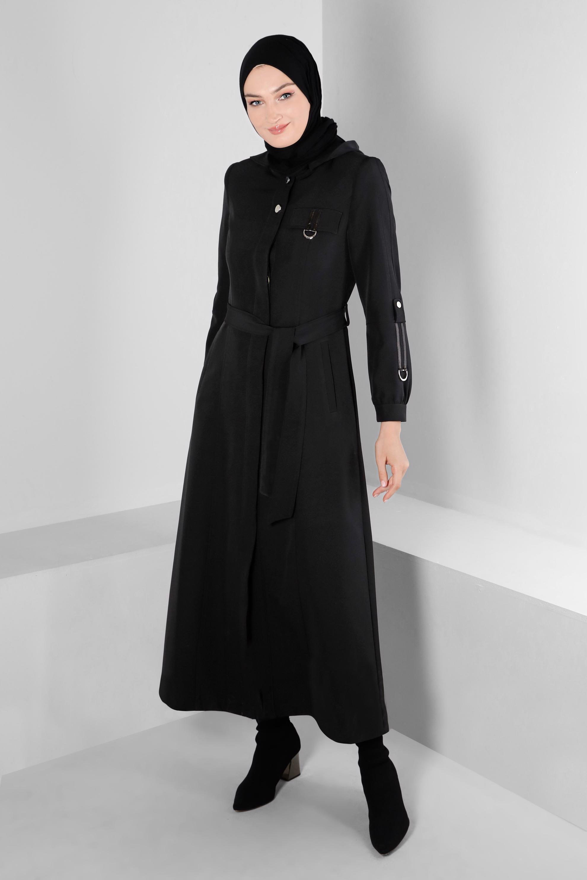 Vêtements hijab NOIR PARDESSUS BOUTONNÉ AVEC CEINTURE À CAPUCHE 10664