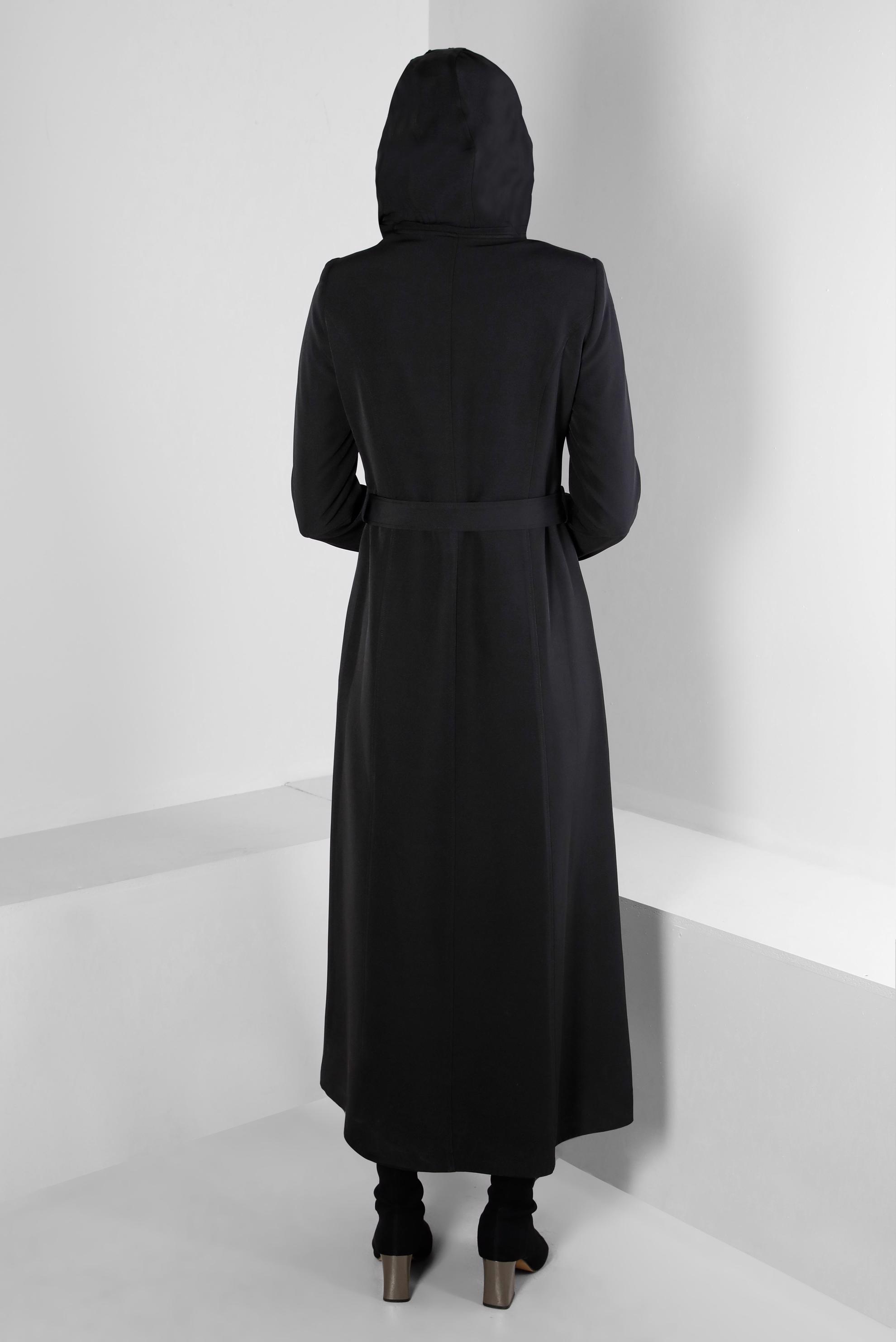 Vêtements hijab NOIR PARDESSUS BOUTONNÉ AVEC CEINTURE À CAPUCHE 10664