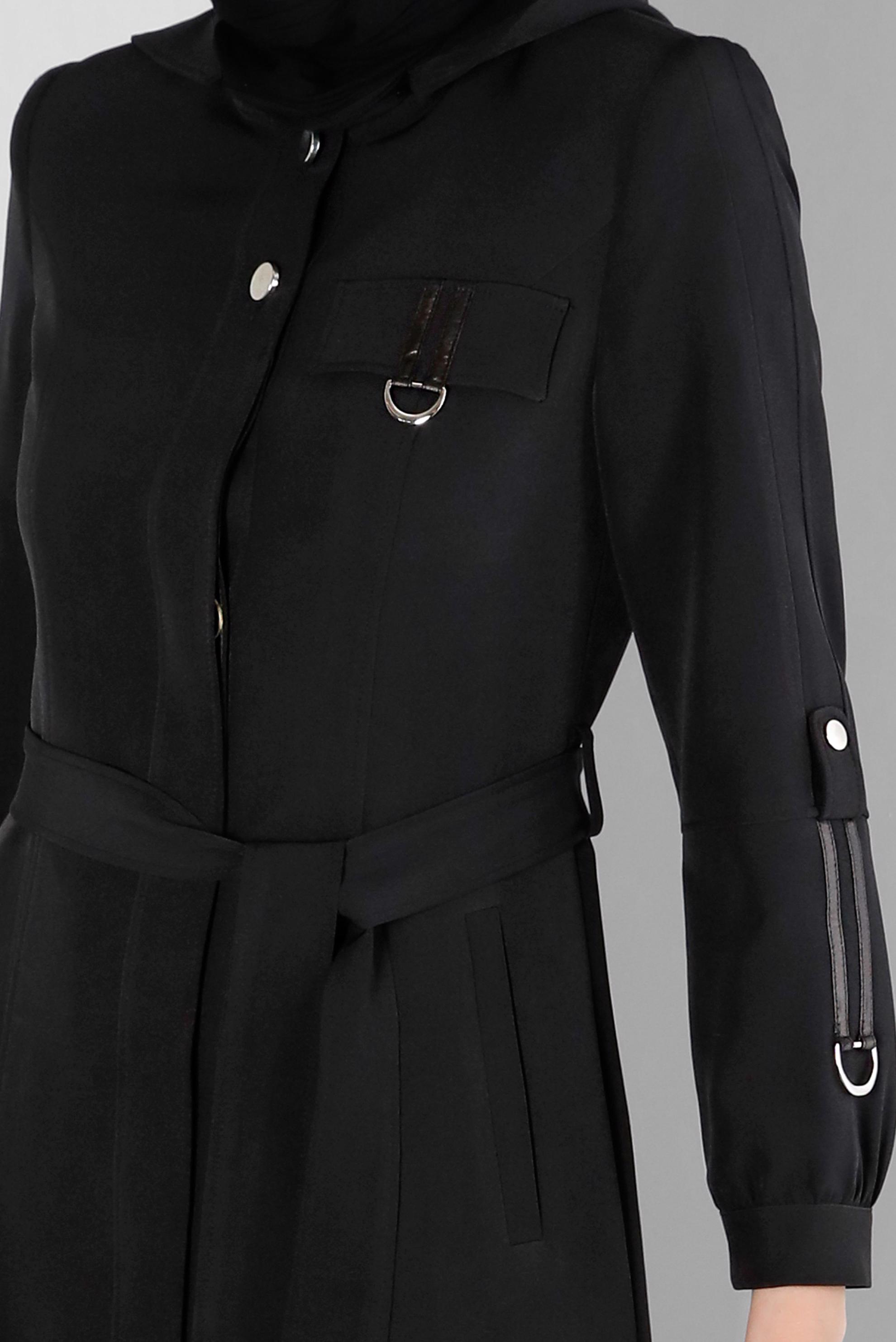 Vêtements hijab NOIR PARDESSUS BOUTONNÉ AVEC CEINTURE À CAPUCHE 10664