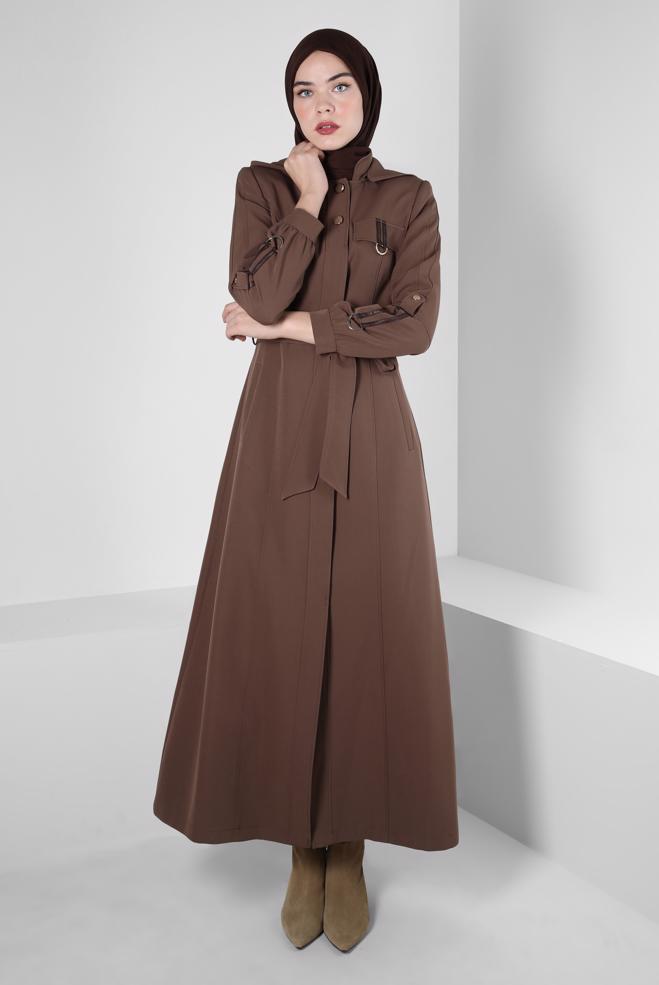 Vêtements hijab VISON PARDESSUS BOUTONNÉ AVEC CEINTURE À CAPUCHE 10664 - ALVİNA
