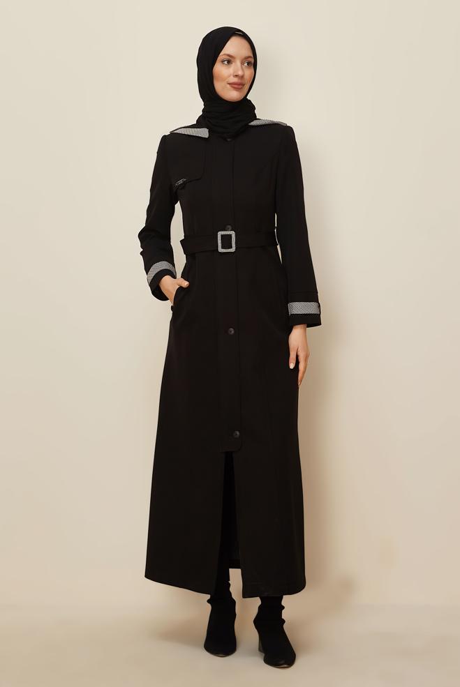 Tesettür giyim SİYAH KEMERLİ KAPÜŞONLU PARDESÜ 10673 - ALVİNA