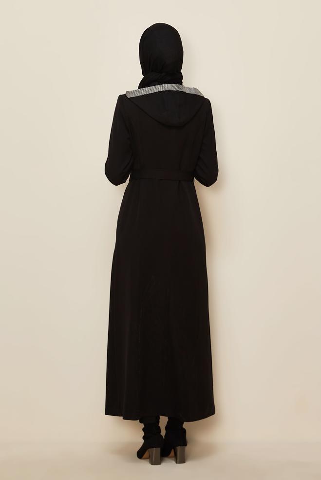 Tesettür giyim SİYAH KEMERLİ KAPÜŞONLU PARDESÜ 10673 - ALVİNA