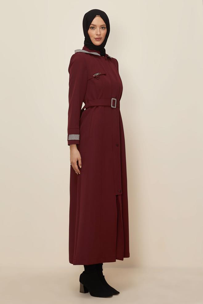 Hijab clothing CLARET RED HOODED BELTED TOPCOAT 10673 - ALVİNA