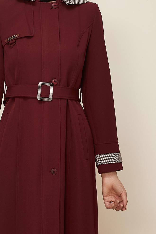 Hijab clothing CLARET RED HOODED BELTED TOPCOAT 10673 - ALVİNA