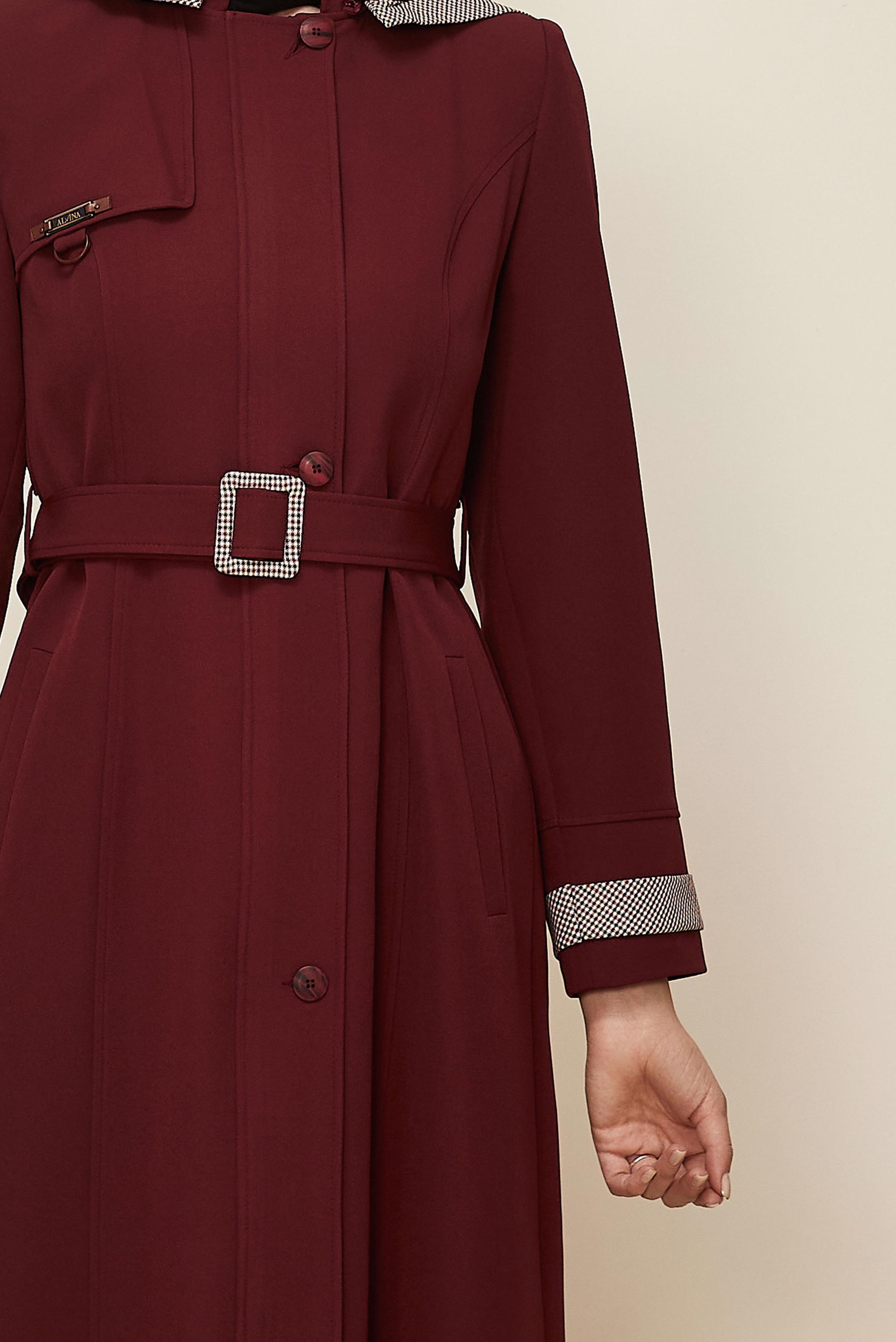 Hijab clothing CLARET RED HOODED BELTED TOPCOAT 10673