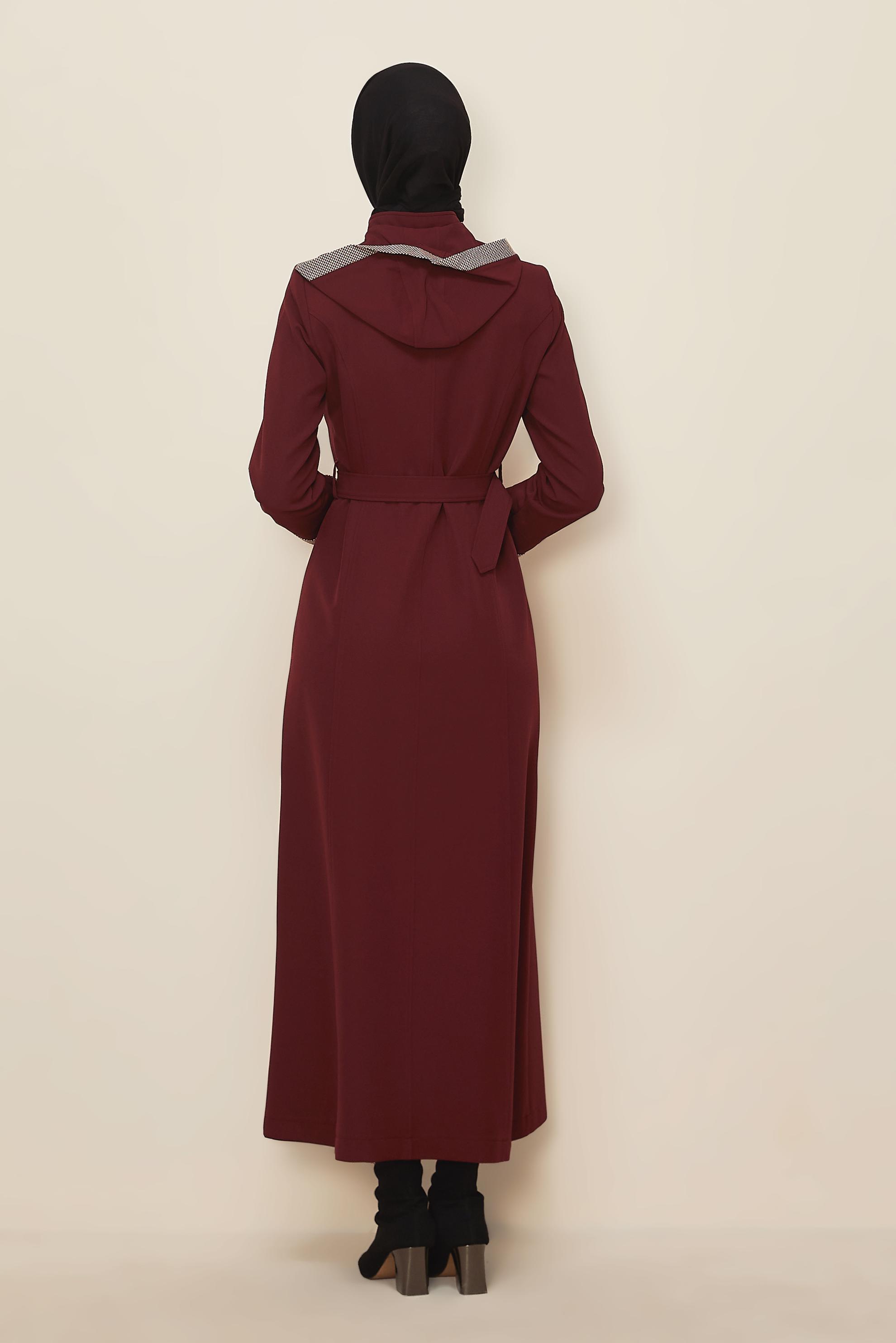 Hijab clothing CLARET RED HOODED BELTED TOPCOAT 10673