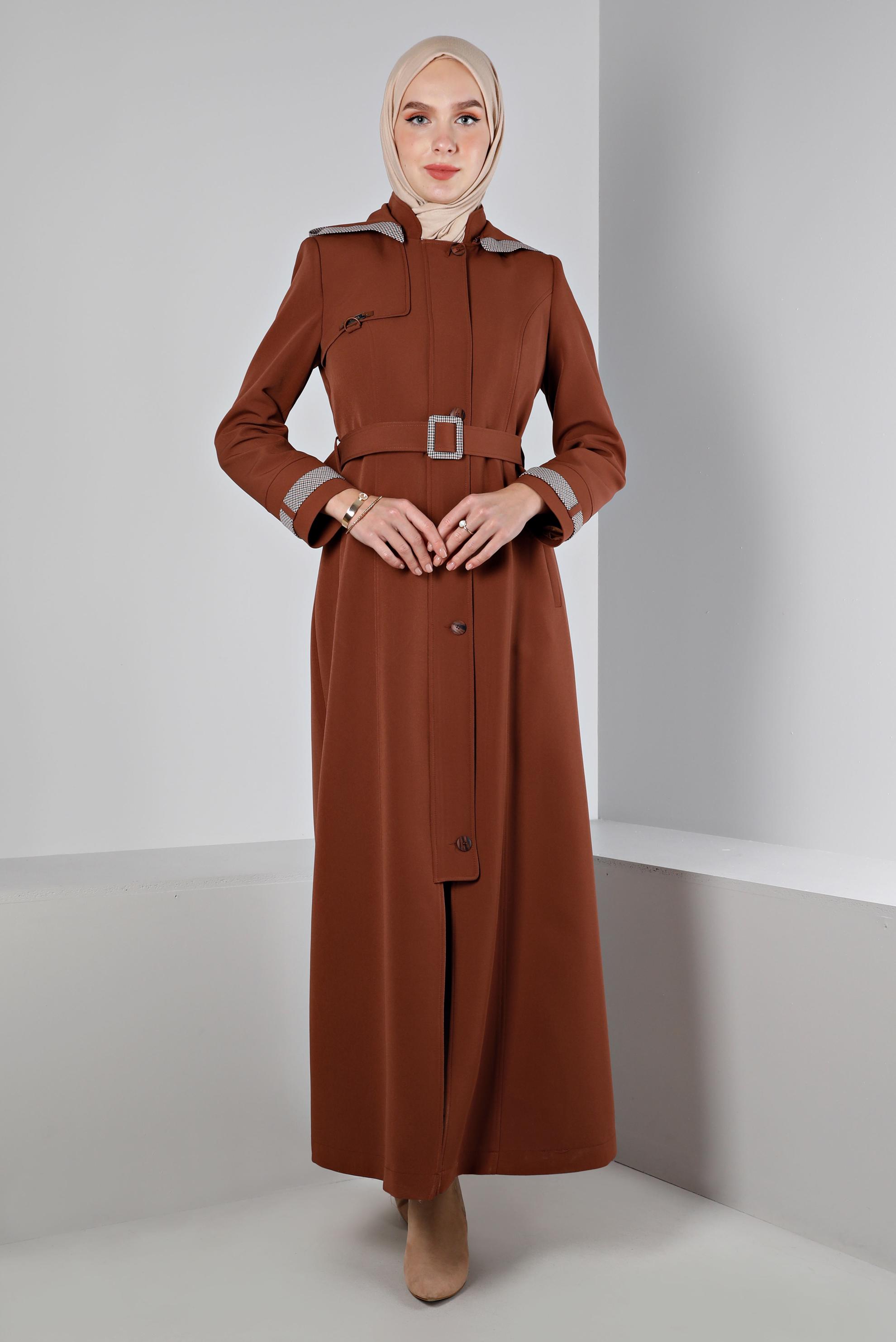 Tesettür giyim TURUNCU MANŞETLERİ EKOSE DESENLİ KAPÜŞONLU PARDESÜ 10673 