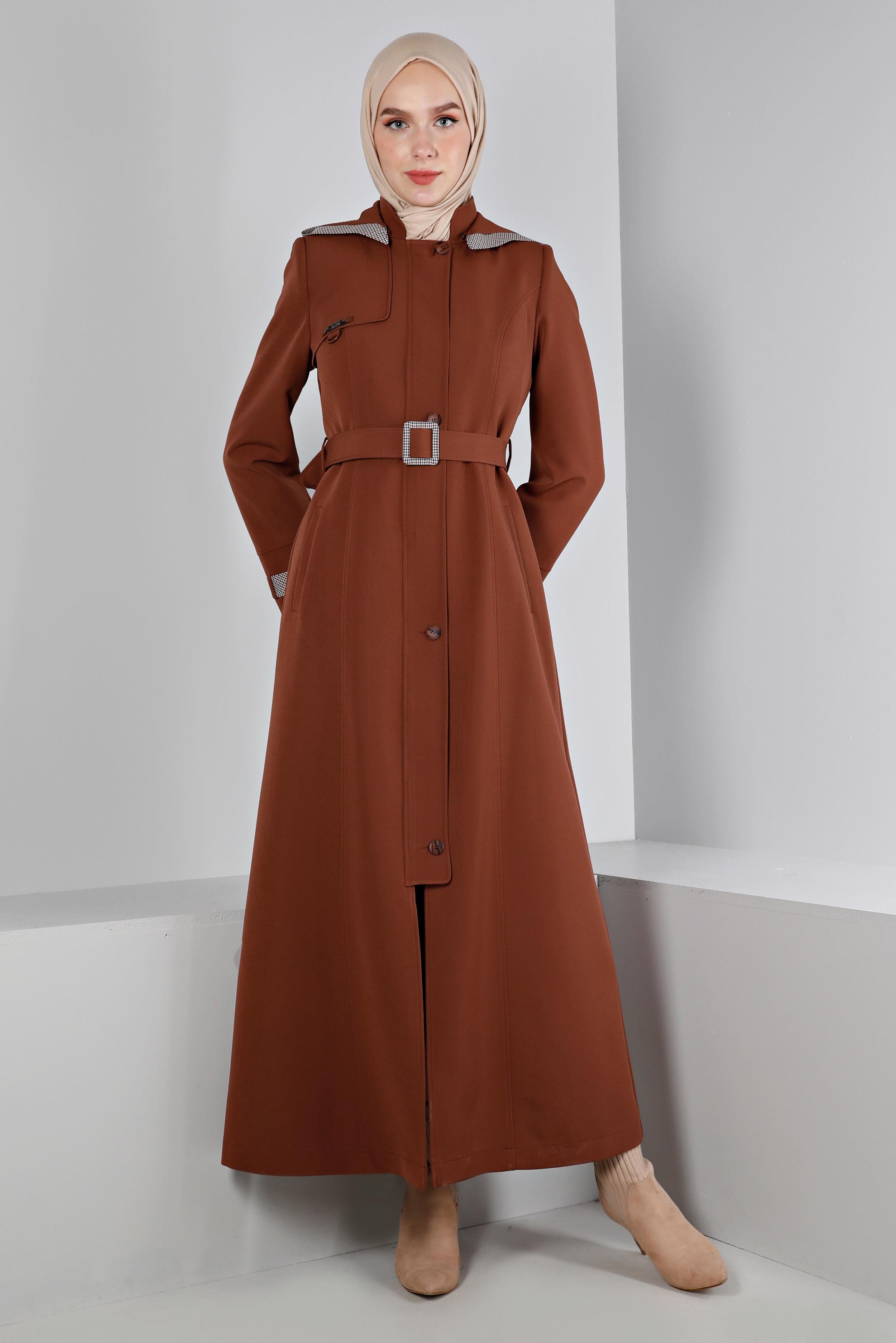 Tesettür giyim TURUNCU MANŞETLERİ EKOSE DESENLİ KAPÜŞONLU PARDESÜ 10673 