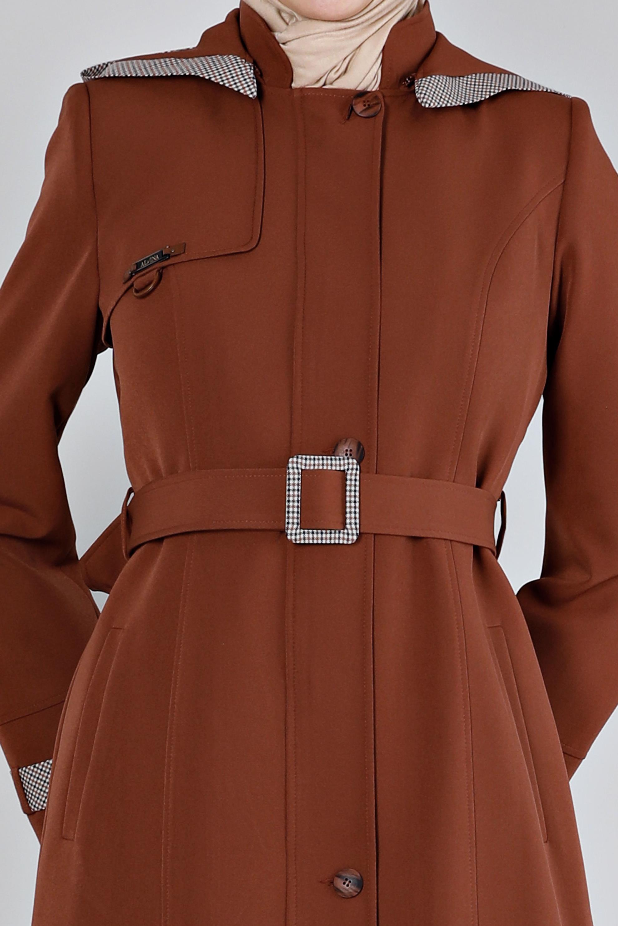 Tesettür giyim TURUNCU MANŞETLERİ EKOSE DESENLİ KAPÜŞONLU PARDESÜ 10673 