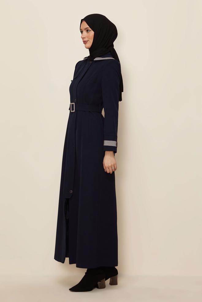 Hijab clothing NAVY BLUE HOODED BELTED TOPCOAT 10673 - ALVİNA