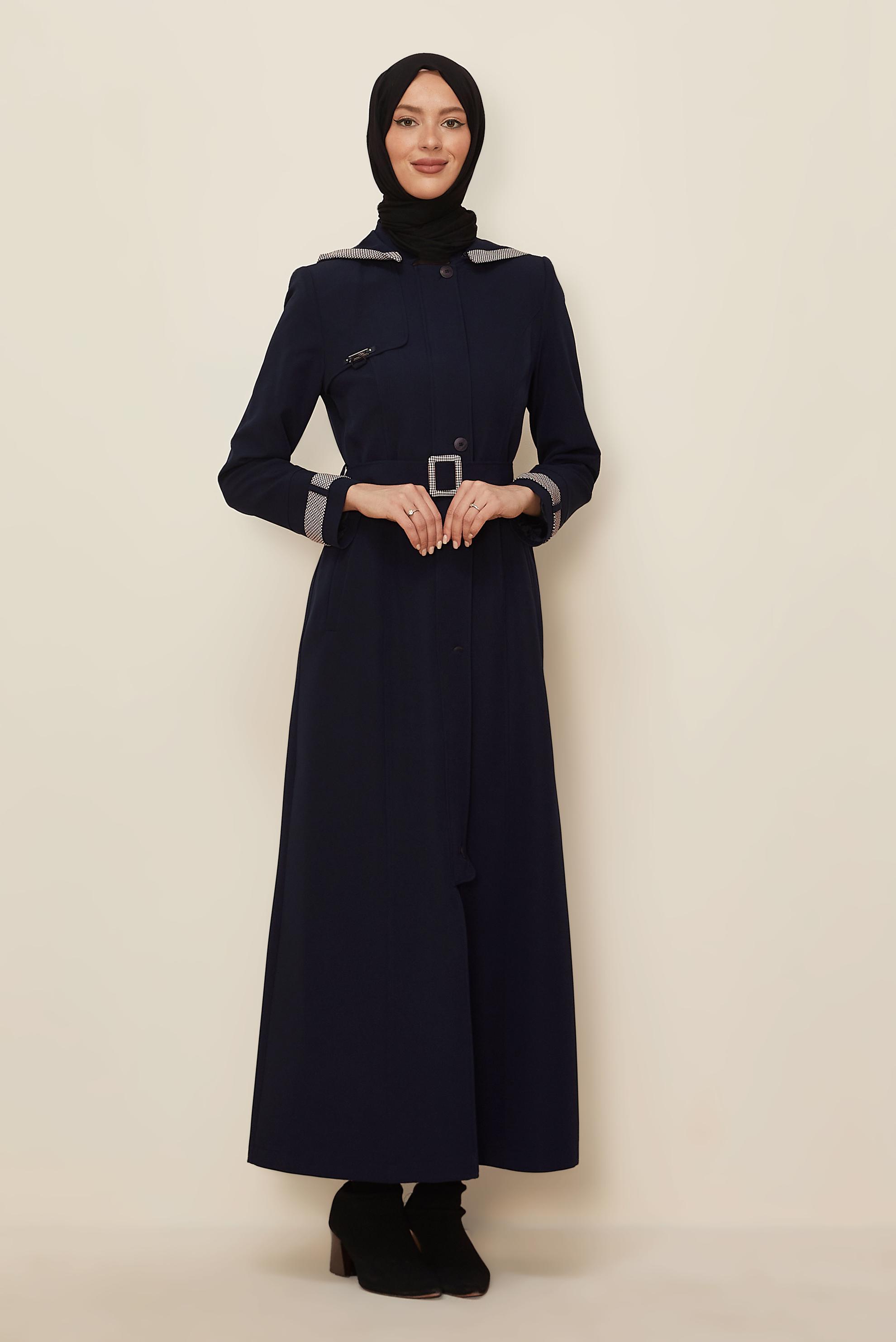 Hijab clothing NAVY BLUE HOODED BELTED TOPCOAT 10673