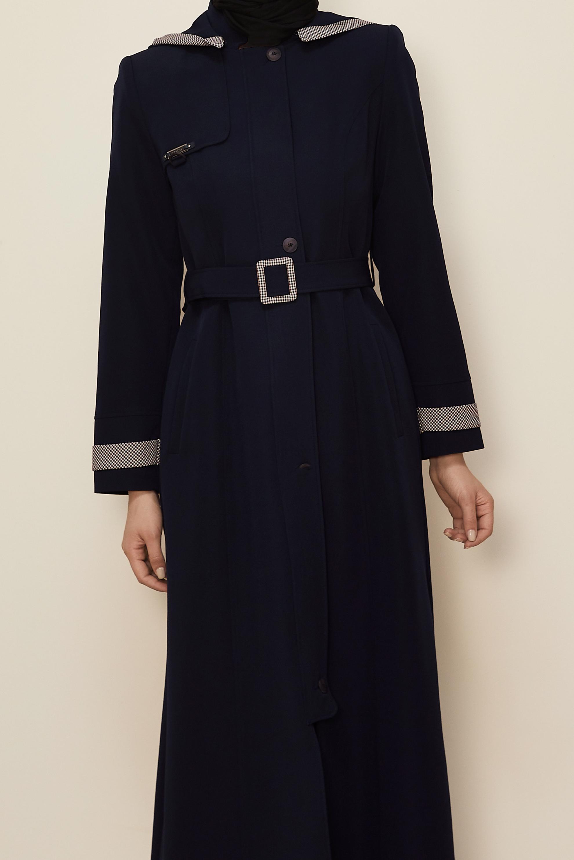 Hijab clothing NAVY BLUE HOODED BELTED TOPCOAT 10673