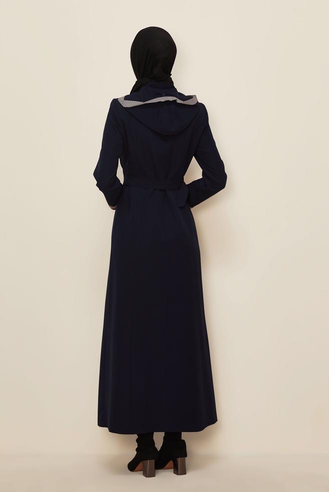 Hijab clothing NAVY BLUE HOODED BELTED TOPCOAT 10673 - ALVİNA