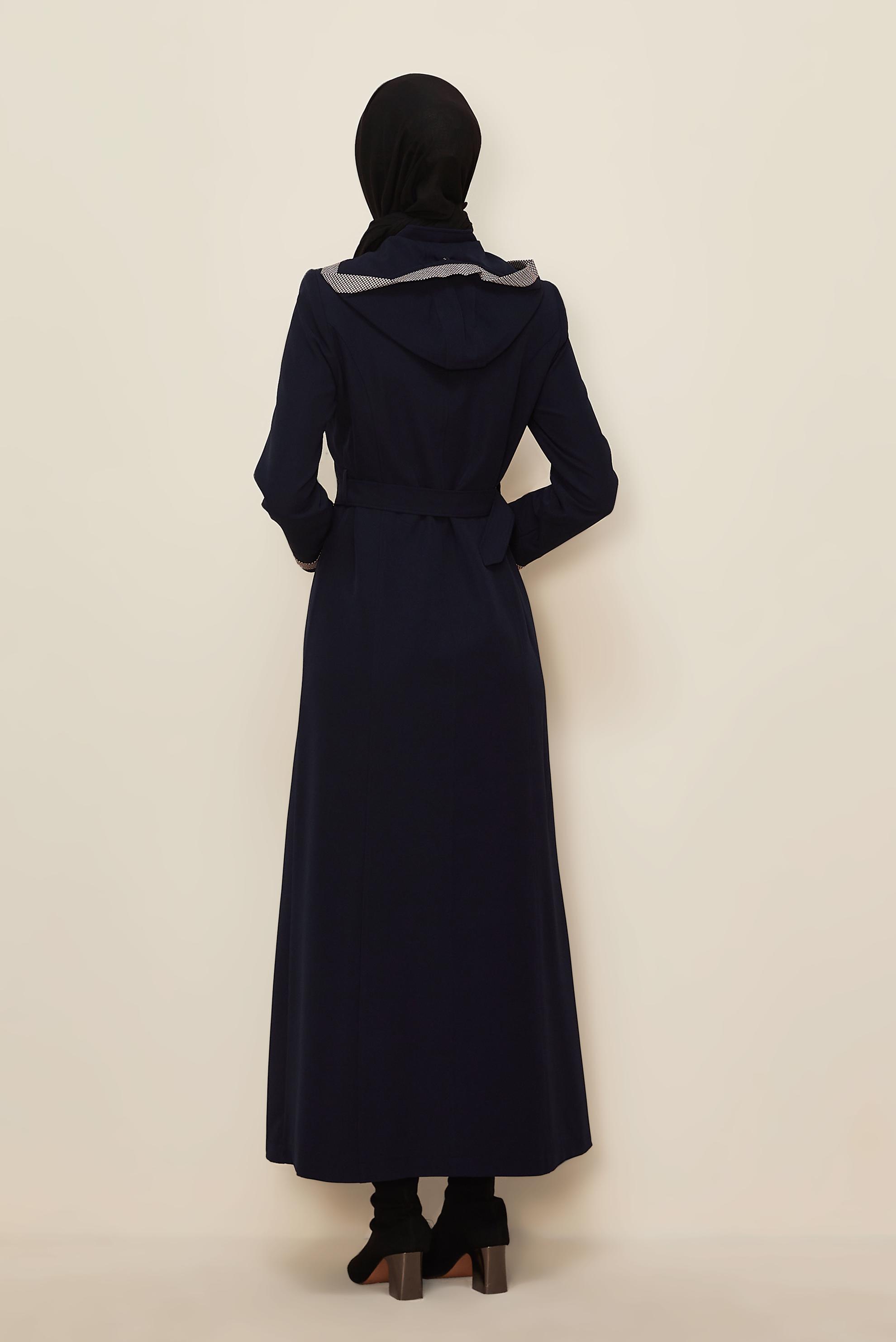 Hijab clothing NAVY BLUE HOODED BELTED TOPCOAT 10673