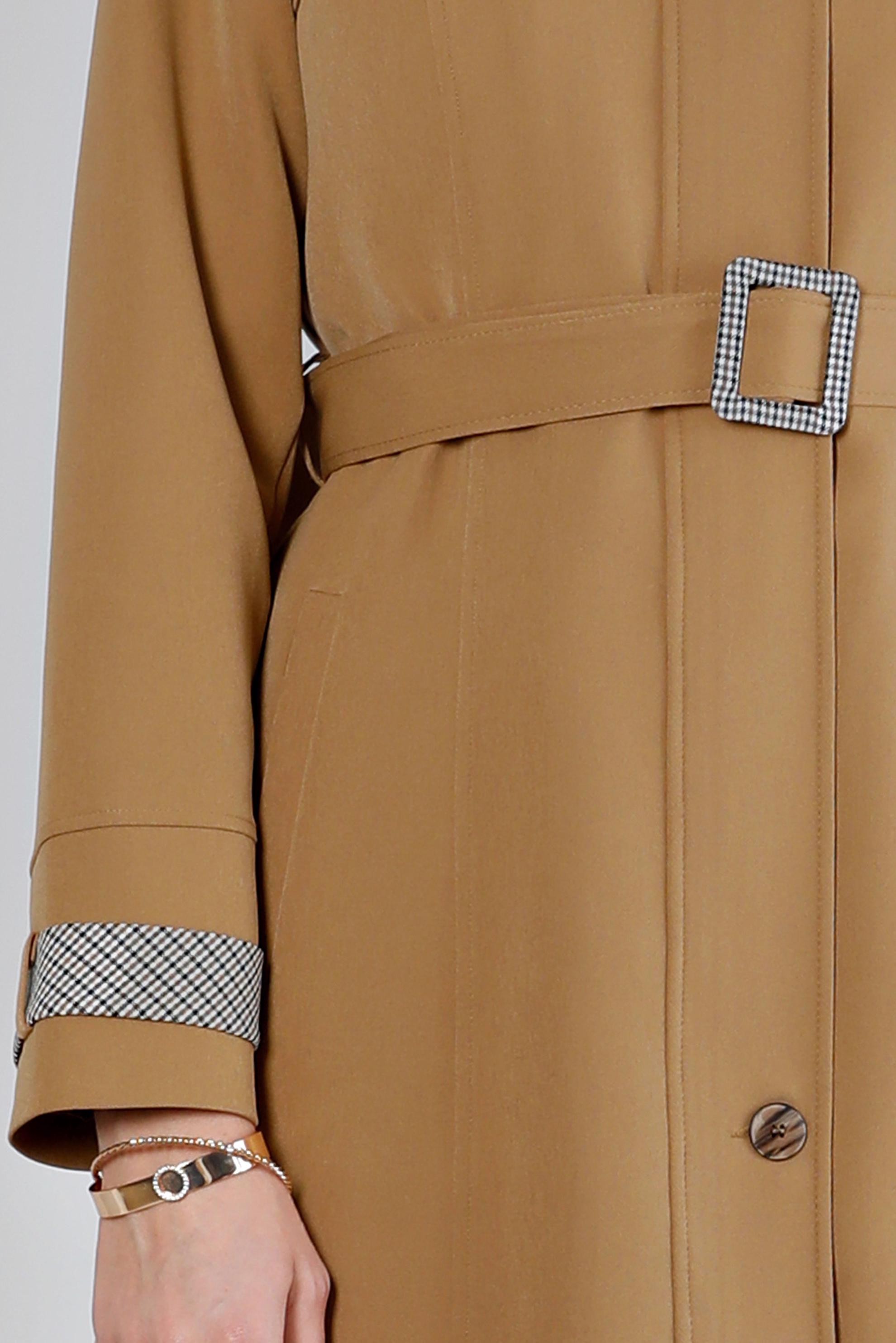 Tesettür giyim KAHVE MANŞETLERİ EKOSE DESENLİ KAPÜŞONLU PARDESÜ 10673 