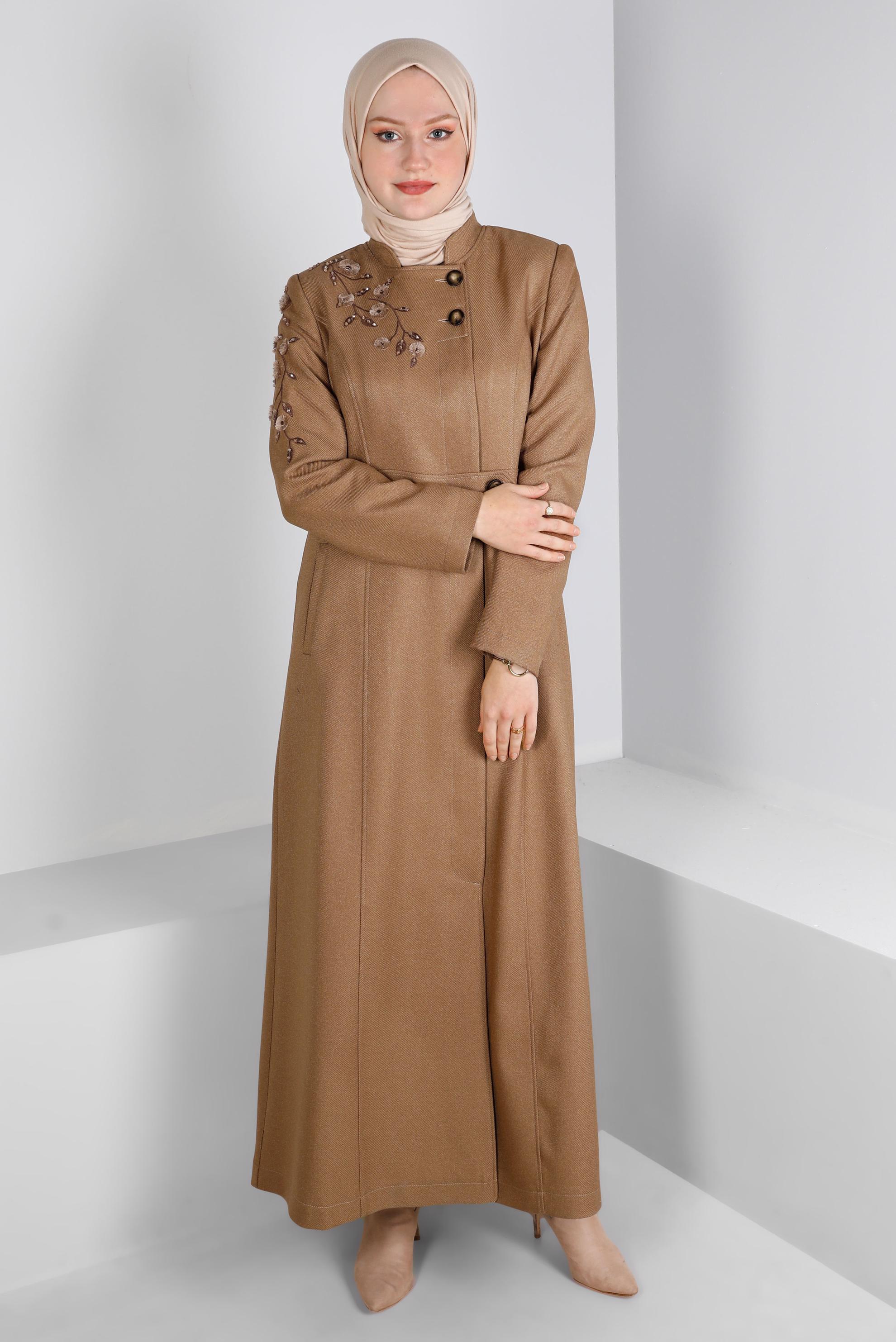 Vêtements hijab BRUN MANTEAU BIJOUX FLEUR BRODÉE 10681