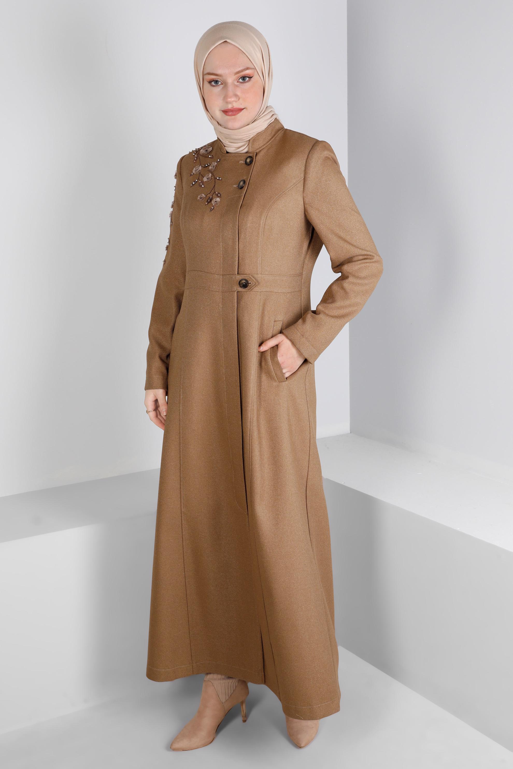 Vêtements hijab BRUN MANTEAU BIJOUX FLEUR BRODÉE 10681