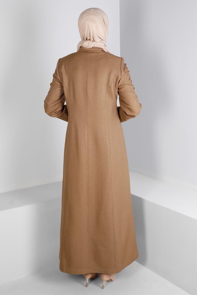 Vêtements hijab BRUN MANTEAU BIJOUX FLEUR BRODÉE 10681 - ALVİNA