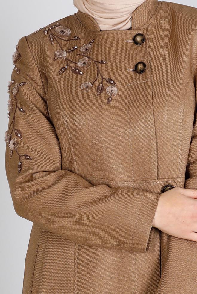 Vêtements hijab BRUN MANTEAU BIJOUX FLEUR BRODÉE 10681 - ALVİNA