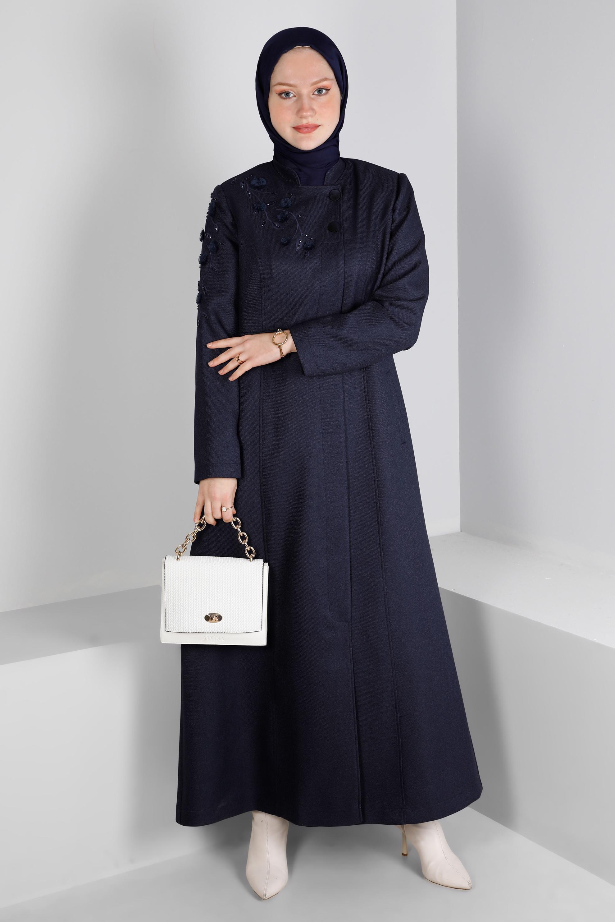 Tesettür giyim LACİVERT ÇİÇEK İŞLEMELİ TAŞLI PARDESÜ 10681