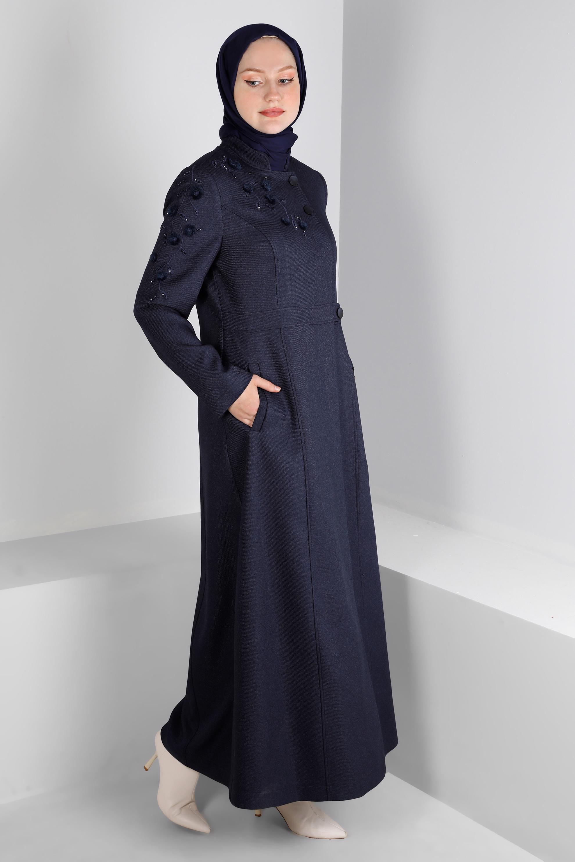 Tesettür giyim LACİVERT ÇİÇEK İŞLEMELİ TAŞLI PARDESÜ 10681