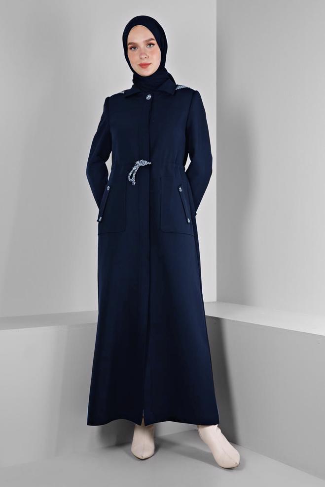 Vêtements hijab BLEU MARINE PARDESSUS À CAPUCHE TAILLE SMOCKÉE 10685 - ALVİNA