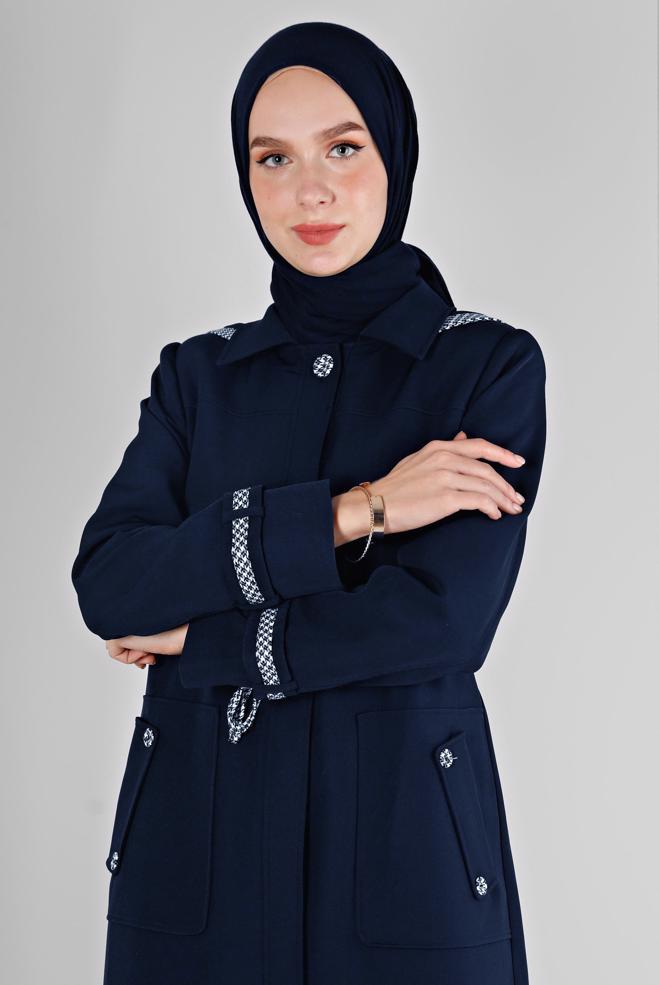 Vêtements hijab BLEU MARINE PARDESSUS À CAPUCHE TAILLE SMOCKÉE 10685 - ALVİNA