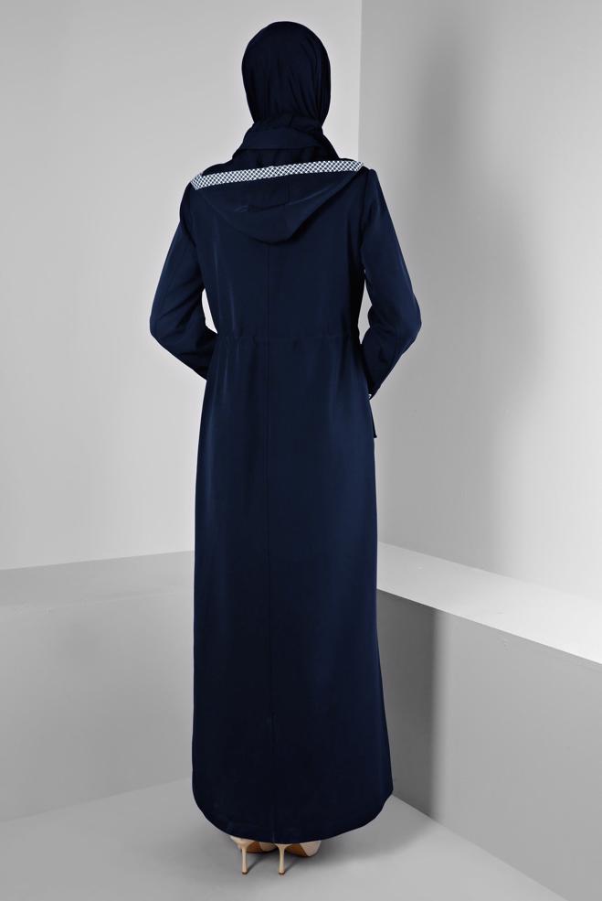 Vêtements hijab BLEU MARINE PARDESSUS À CAPUCHE TAILLE SMOCKÉE 10685 - ALVİNA