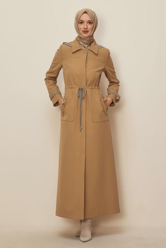 Vêtements hijab BRUN PARDESSUS À CAPUCHE TAILLE SMOCKÉE 10685 - ALVİNA