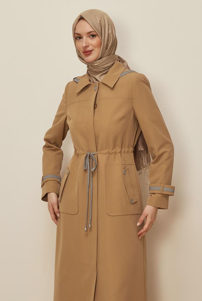 Vêtements hijab BRUN PARDESSUS À CAPUCHE TAILLE SMOCKÉE 10685 - ALVİNA