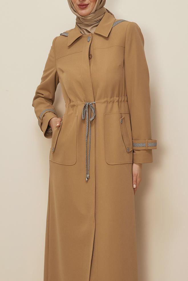Vêtements hijab BRUN PARDESSUS À CAPUCHE TAILLE SMOCKÉE 10685 - ALVİNA